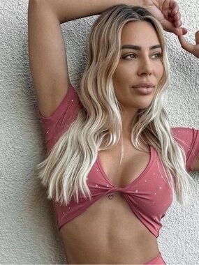 Agent 84 Pink Twist-Front Crop Top with Scattered Rhinestones